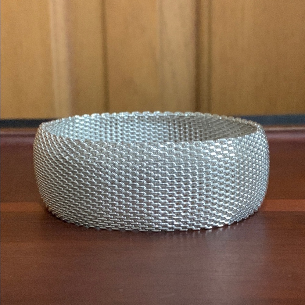Wide silver tone mesh bracelet